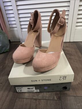 Sun + Stone Blush Pink Suede Platform Block Heel Sandals